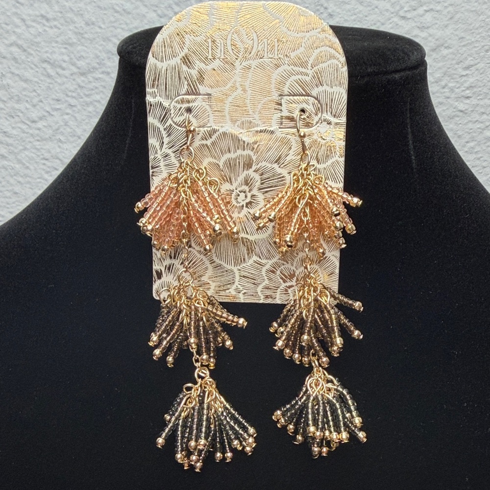 Noir Beaded Tassel Drop Earrings Gold Tone Peach Brown Grey Three Tier Statement